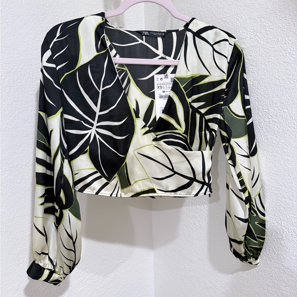 Zara Tropical Print Wrap Crop Blouse